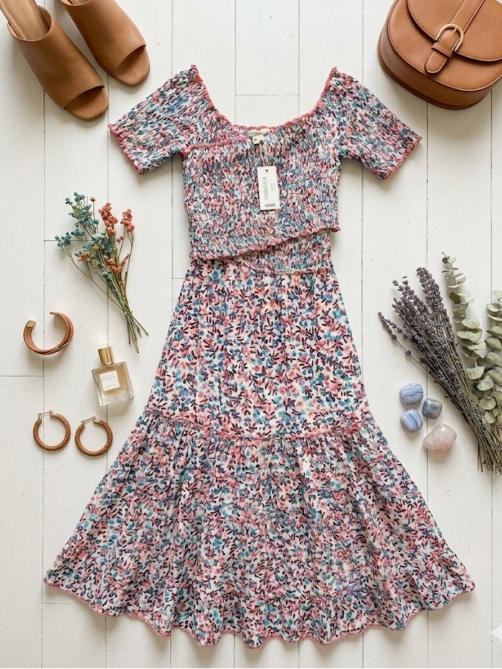 Poupette St. Barth Off-Shoulder Floral Midi Dress in Pink, Blue, White